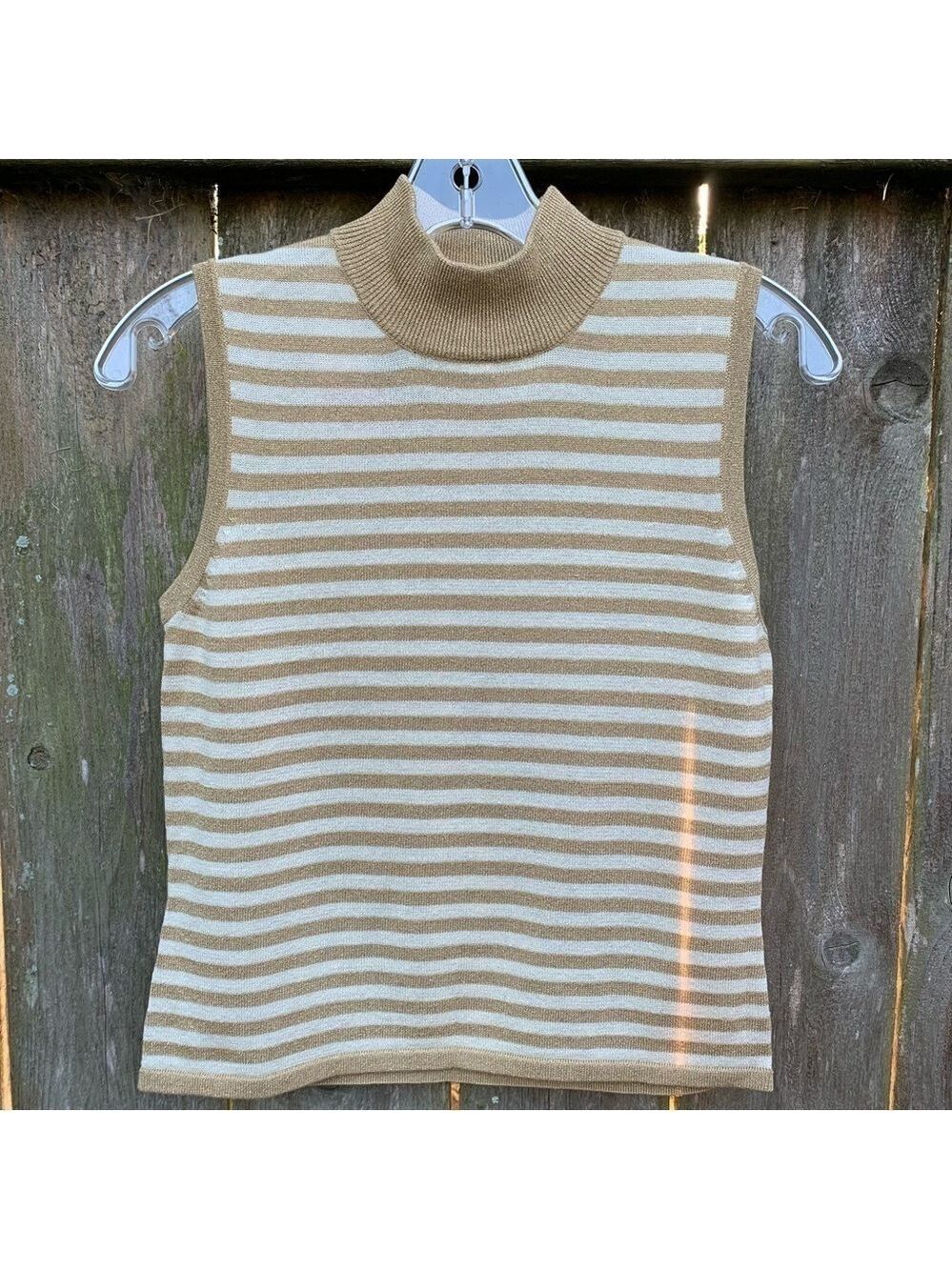 JETAL Mock Turtleneck Sleeveless Striped Knit Top Sweater Silk Cotton